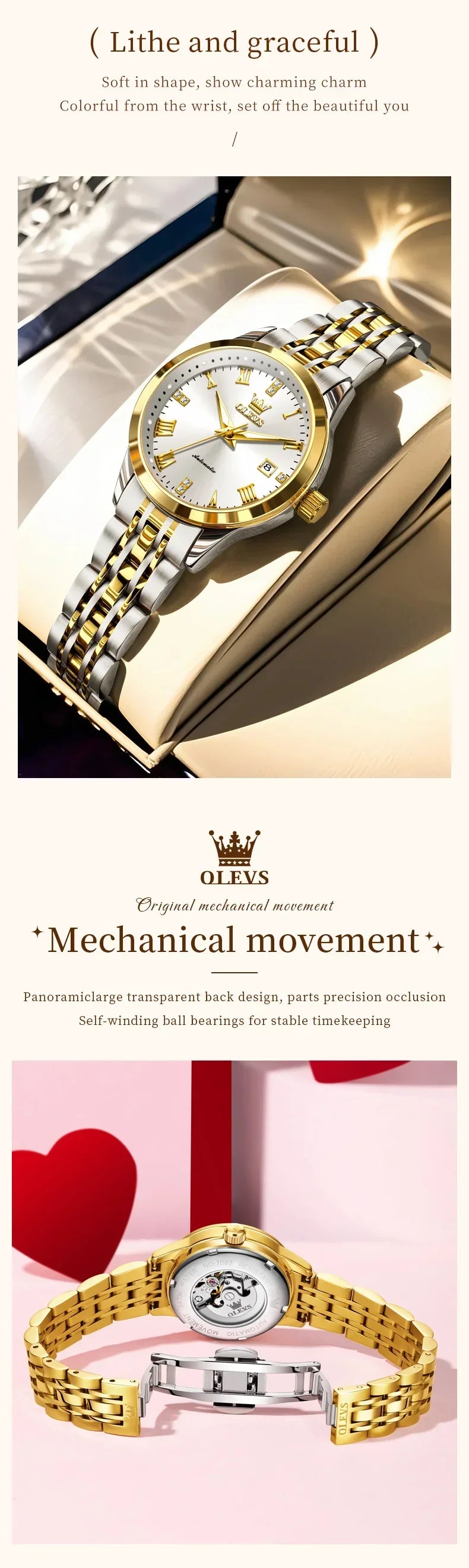 Klocka Helena (automatisk damklocka i rostfritt stål – lyxig design)