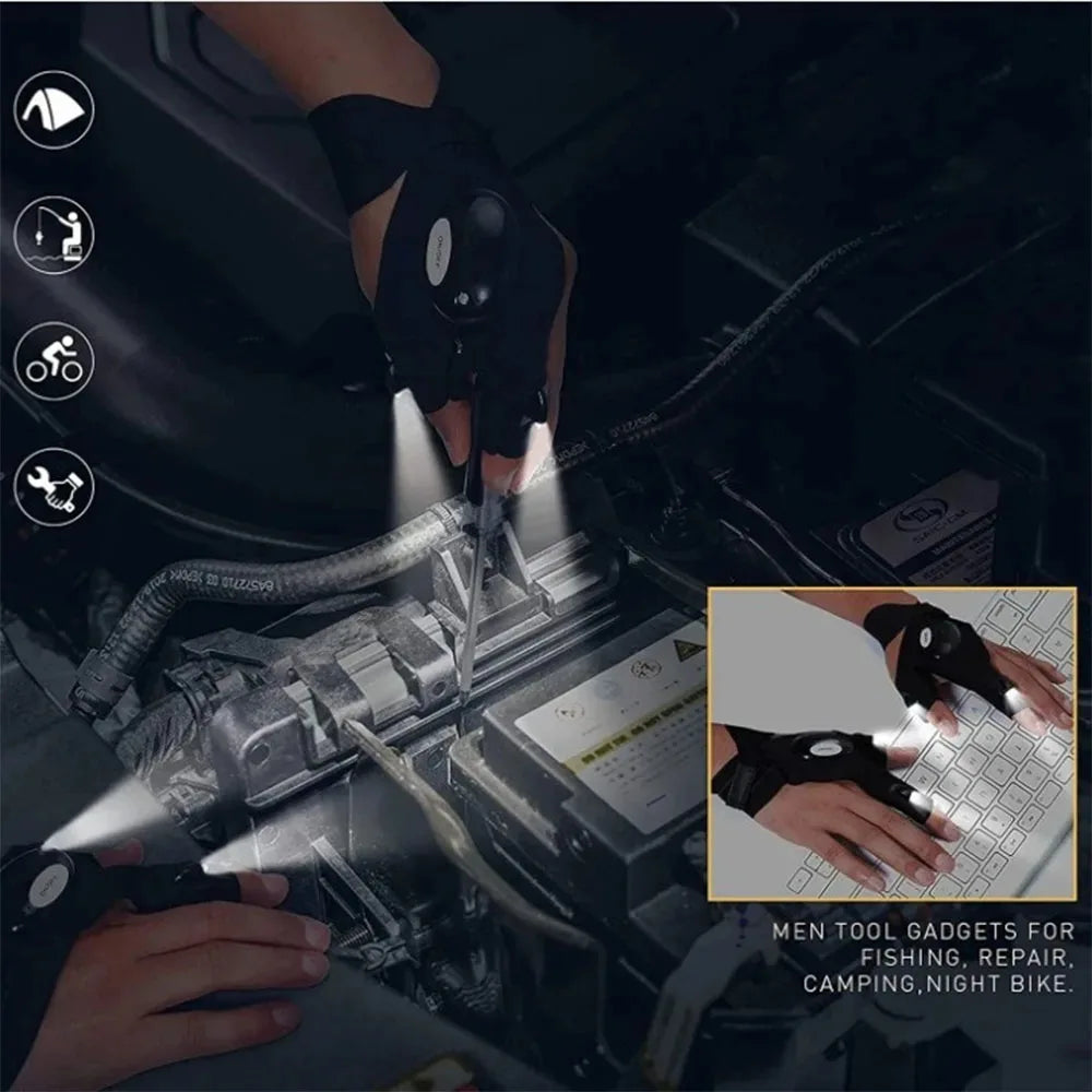 LED-käsineet ilman sormenpäitä – taskulamput sormissa kalastukseen ja pyöräilyyn