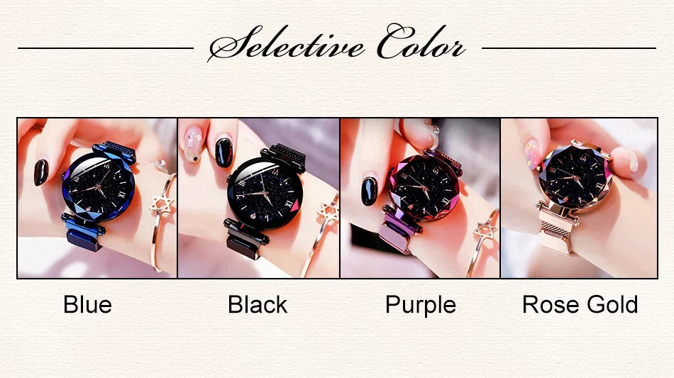 Klocka Stina (stjärnhimmel-design med magnetiskt spänne och meshband)