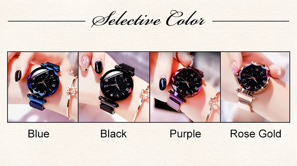 Klocka Stina (stjärnhimmel-design med magnetiskt spänne och meshband)