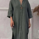 Sommarklänning dam – lång bomull/linneklänning med knappar