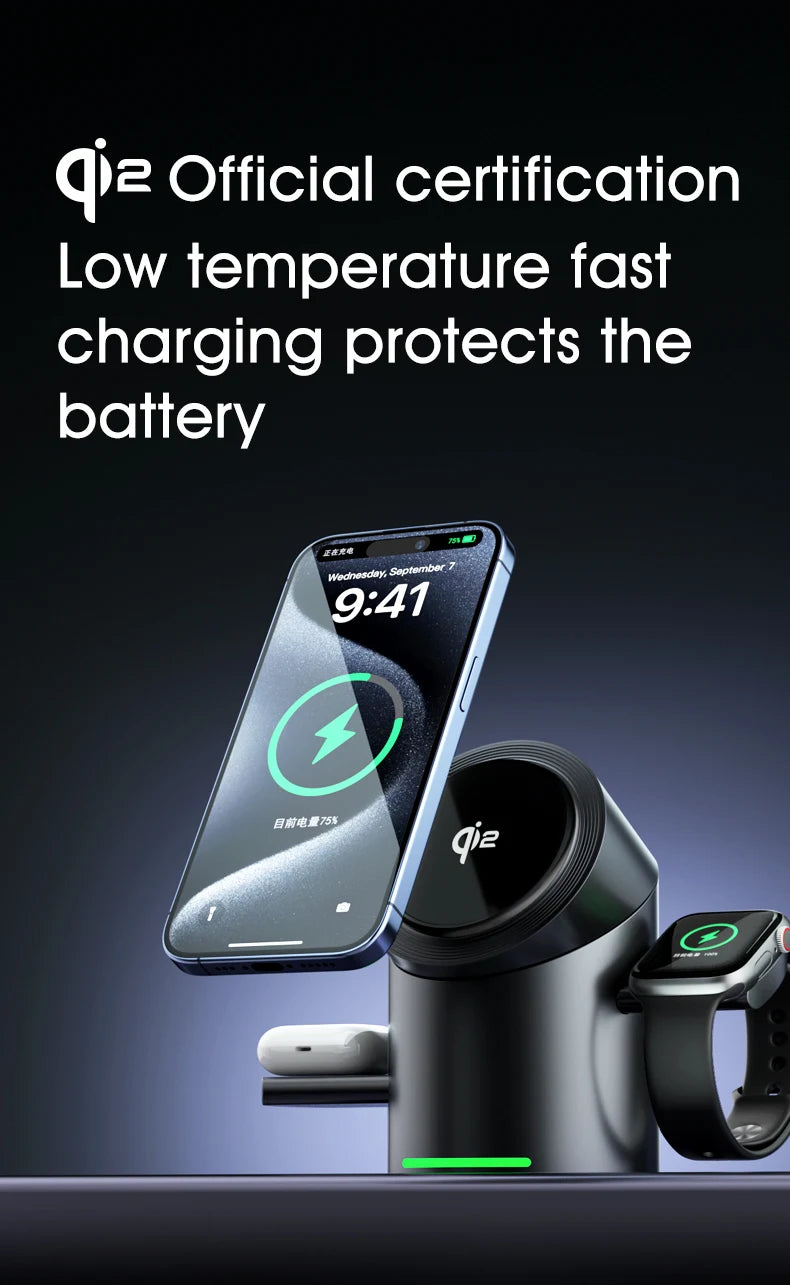 3-i-1 Trådlös Laddstation – Magsafe-Laddare för iPhone, Android, Apple Watch & AirPods