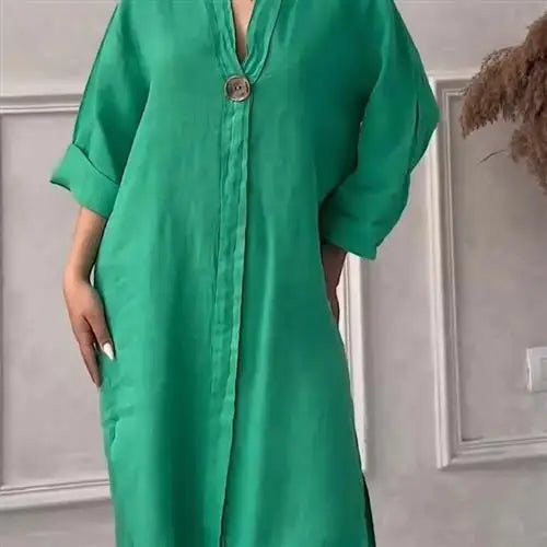 Damklänning i linne – lång skjortklänning med knappar