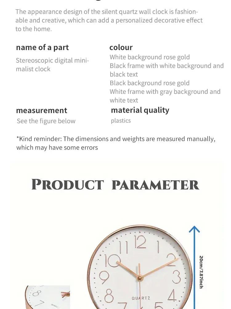 Väggklocka 20 cm – tyst kvartsur för vardagsrum & sovrum