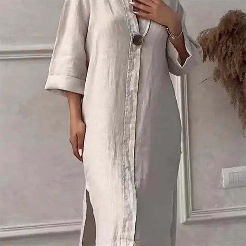 Damklänning i linne – lång skjortklänning med knappar
