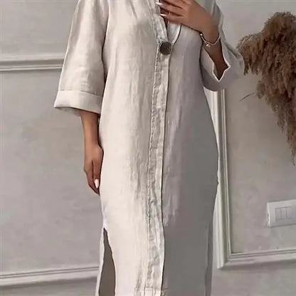 Damklänning i linne – lång skjortklänning med knappar