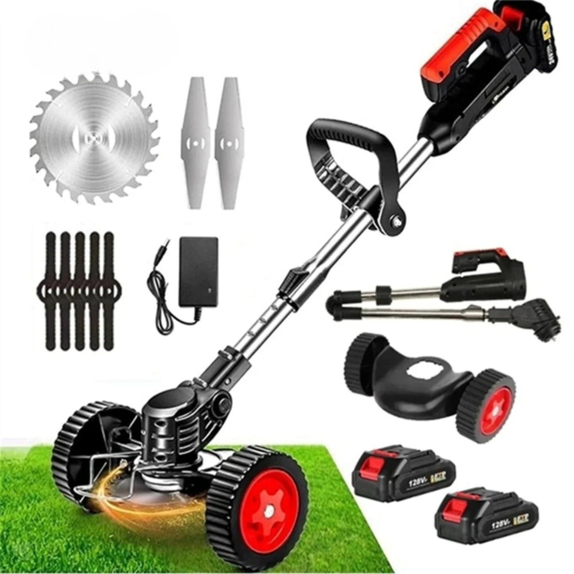 Trådlös & Hopfällbar Grästrimmer 36V – Justerbar Höjd, Hjul & 3 Bladtyper