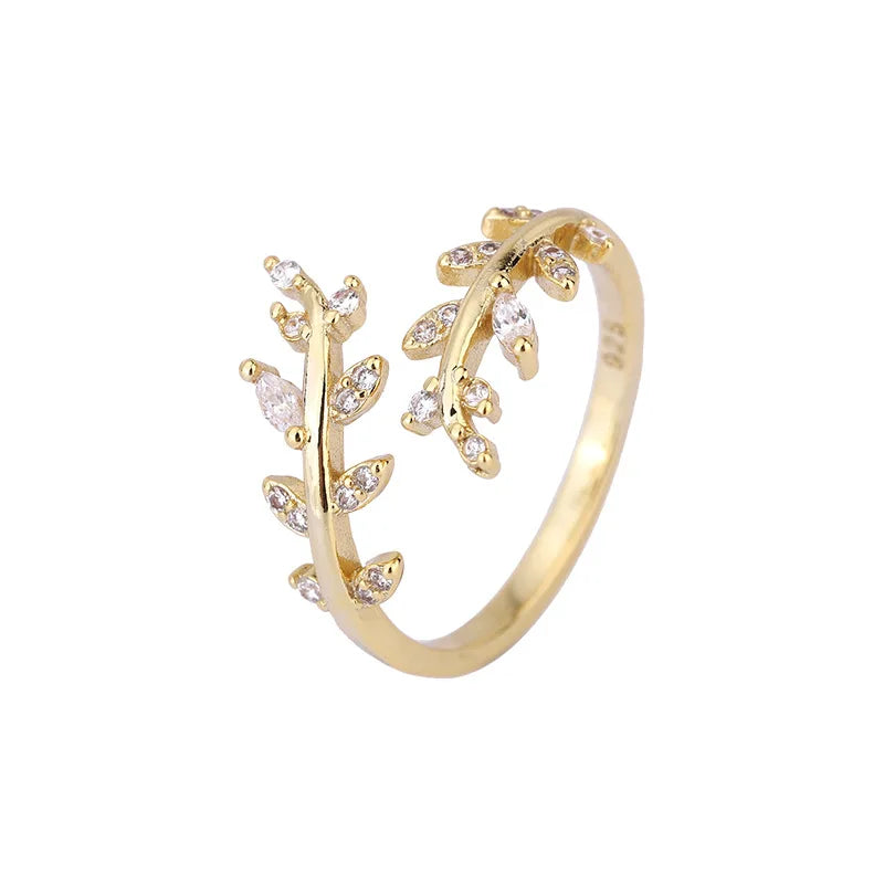 925 silverring dam – justerbar bladformad ring med zirkon