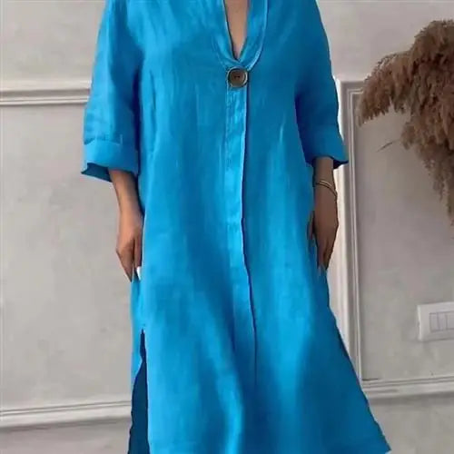 Damklänning i linne – lång skjortklänning med knappar