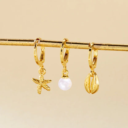 Örhängen Elin (3-pack med snäcka, sjöstjärna & pärlor – boho strandstil)