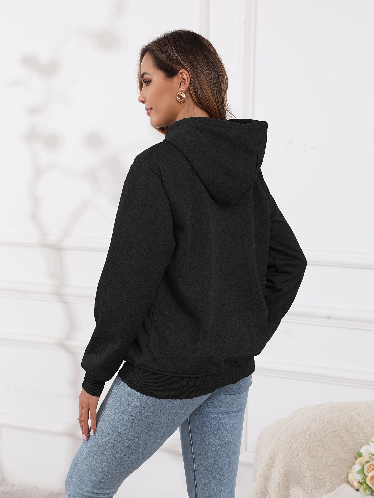 Fleecefodrad hoodie dam – grå med huva & magficka